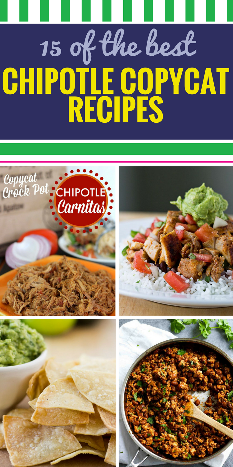 15 Copycat Chipotle Recipes. Looking for a healthy dinner option you can make at home? You'll love these copycat Chipotle recipes. From chicken burritos to pork salad and even tortilla soup.