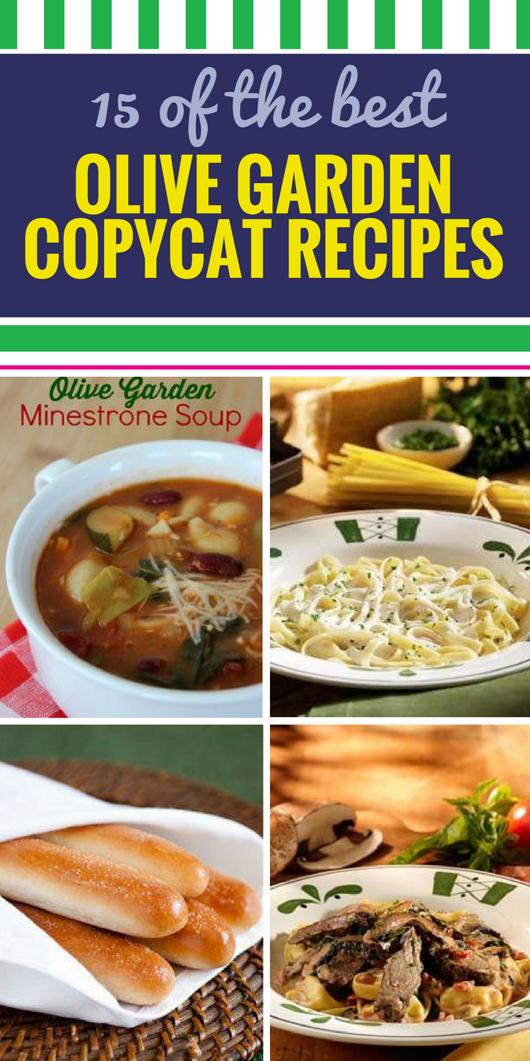 15 Copycat Olive Garden Recipes. Olive Garden is known for its soup and salad, and for good reason. Get the best copycat Olive Garden recipes here, including healthy chicken entrees, pasta and vegetarian options - make a lot because you'll want the refills to be endless just like they are at Olive Garden.