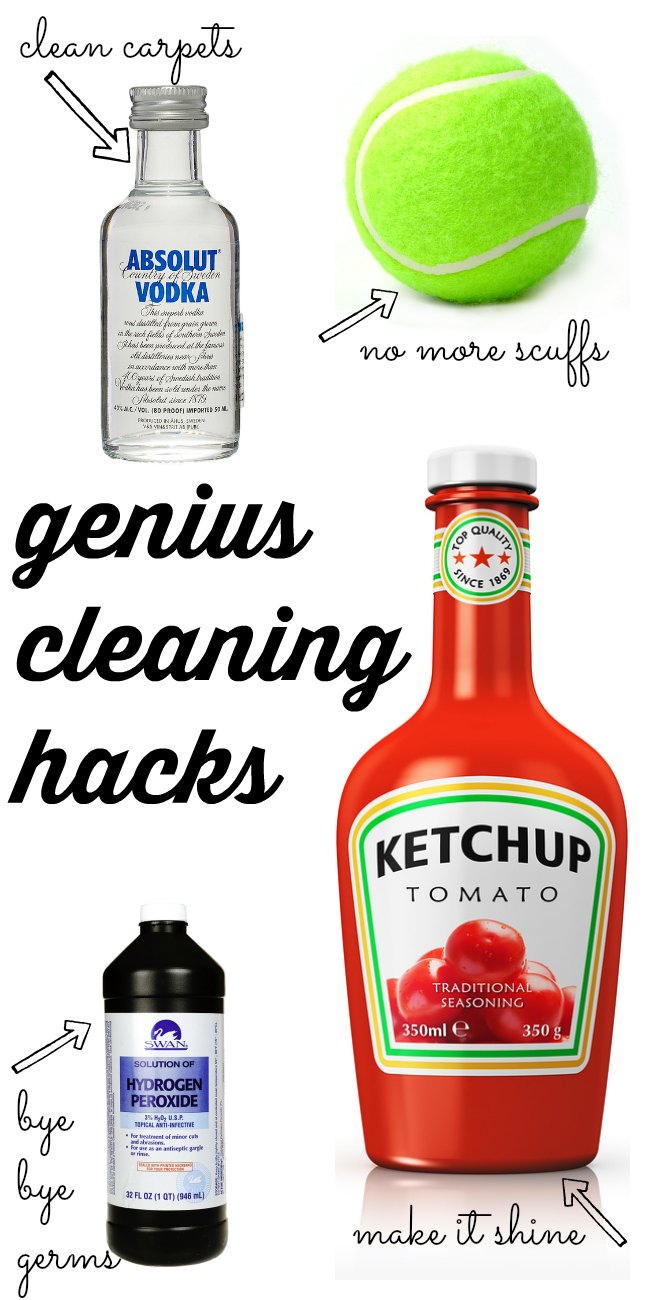Genius cleaning hacks that will blow your mind! How you can use ketchup, vodka and even tennis balls to keep your house clean and shiny. Seriously - some of the best cleaning tips I've seen - even natural, chemical-free cleaning ideas so your kids can help too!