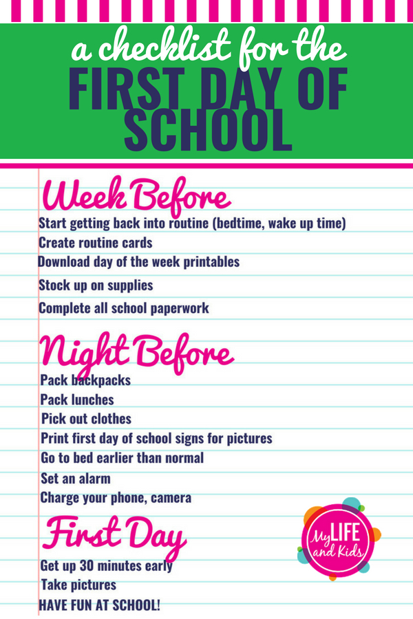 Help your kids have the best first day of school ever with these simple tips and activities. From finding the perfect outfit to tips for pictures, and even free sign printables, these back to school tips for parents will make your first day great. Plus a free checklist to keep you organized and help you know what to do a week before school, the night before school and the morning of the first day of school. #backtoschool #organized #checklist #firstday #signs #pictures