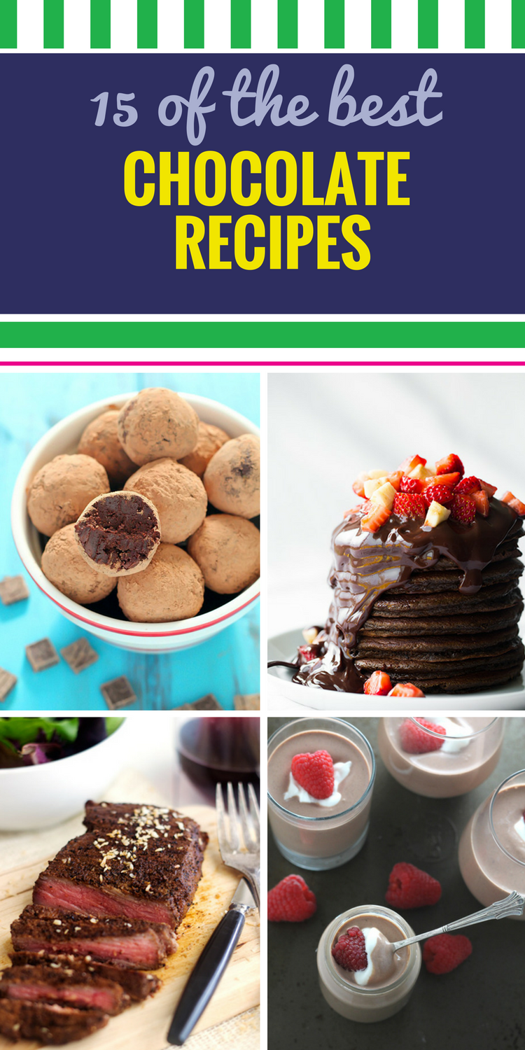 15 Chocolate Recipes. Whether your favorite is chocolate cake, chocolate bars, chocolate chips or chocolate pie, we've got you covered with these 15 decadent chocolate recipes. We even found a way for you to eat chocolate for dinner. (And don't miss the healthy option too.)