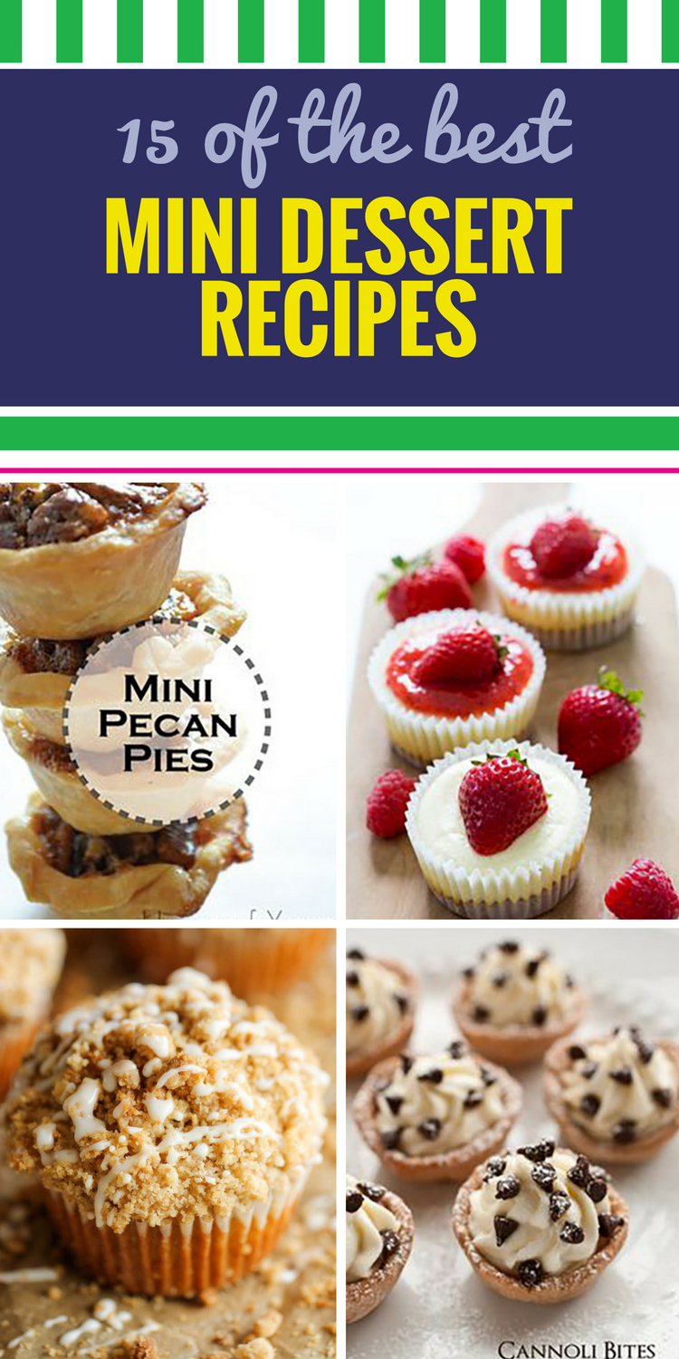 15 Mini Dessert Recipes. As cute as they are delicious, mini desserts are the perfect after dinner treat. Key lime pie mousse cups, tiny cheesecake, apple streusel bars, bitty coffee cake - you'll want to make all these bite sized morsels.
