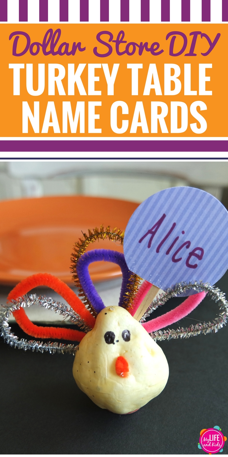 Whether you're looking to spruce up the kids table at Thanksgiving dinner or just want a simple Thanksgiving craft for your kids to do while the turkey is cooking, you're going to love these DIY Dollar Store Turkey name cards. Grab your supplies at the Dollar Store or the Dollar Tree, and you'll be able to create them in no time. They're perfect for the kids table OR the adults table during Thanksgiving dinner.