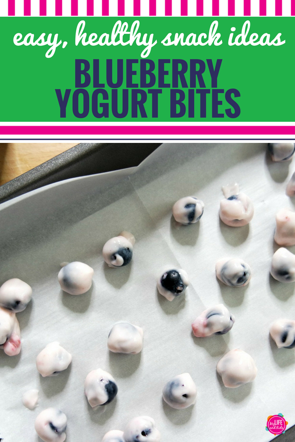 Looking for a healthy snack idea for your kids? Or your husband? These super simple blueberry yogurt bites are delicious and beyond easy to make. (The hardest part is waiting for them to freeze!) These frozen, gluten free treats are a great way to have even your pickiest kids loving fruit. Serve them as dessert, for breakfast or an anytime snack for the entire family. #healthy #snacks #blueberry #yogurt #kids #pickyeaters #kidscooking #recipe #easy