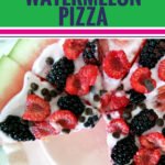 This watermelon pizza is fun, easy and delicious. Packed with fruit and yogurt, it's healthy, your kids will love it, and it makes for the perfect dish to serve at a party or potluck. You can even sprinkle on some chocolate chips, nuts or granola. Or get really wild and add feta cheese. Whether you eat it for dessert, a snack or even your main meal, your kids, family and friends will love this new twist on the watermelon. See the recipe and video here. #watermelon #pizza #summer #food #recipes #yum