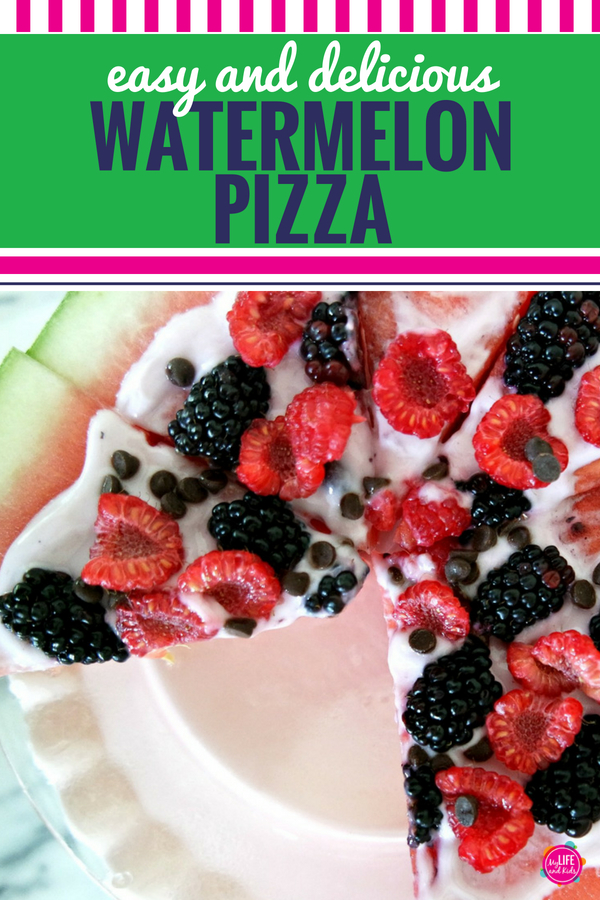 This watermelon pizza is fun, easy and delicious. Packed with fruit and yogurt, it's healthy, your kids will love it, and it makes for the perfect dish to serve at a party or potluck. You can even sprinkle on some chocolate chips, nuts or granola. Or get really wild and add feta cheese. Whether you eat it for dessert, a snack or even your main meal, your kids, family and friends will love this new twist on the watermelon. See the recipe and video here. #watermelon #pizza #summer #food #recipes #yum