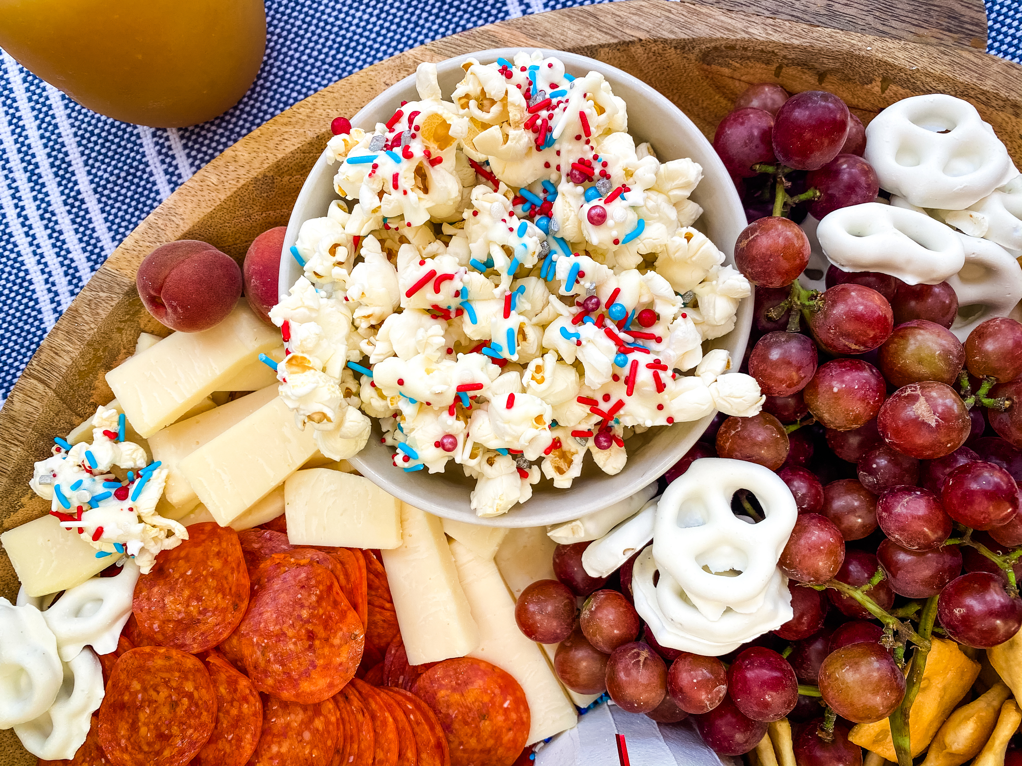 Close up of popcorn and pepperoni on 4th of July Charcuterie Board