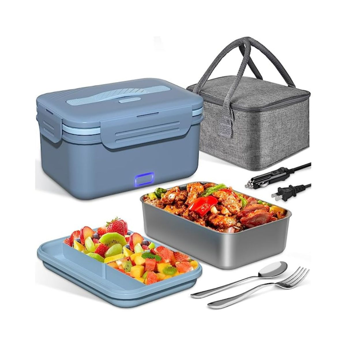blue electric lunch box with removable fruit tray and grey carrying case