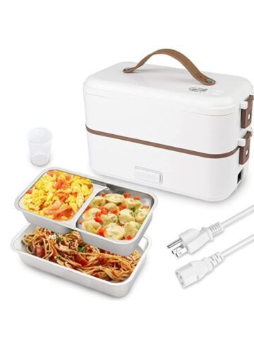 Double decker electric lunch box with stainless steel food trays.