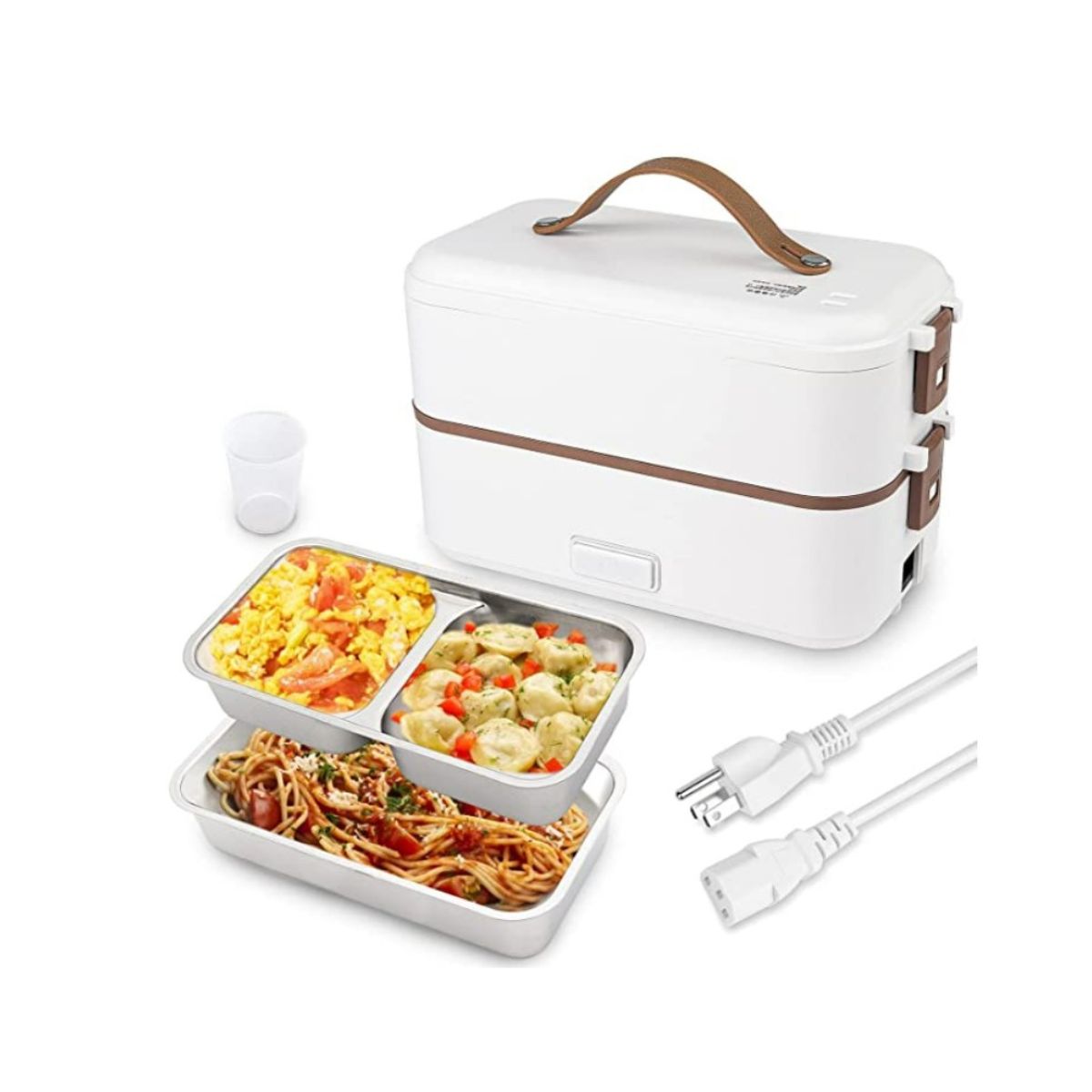 Double decker electric lunch box with stainless steel food trays.