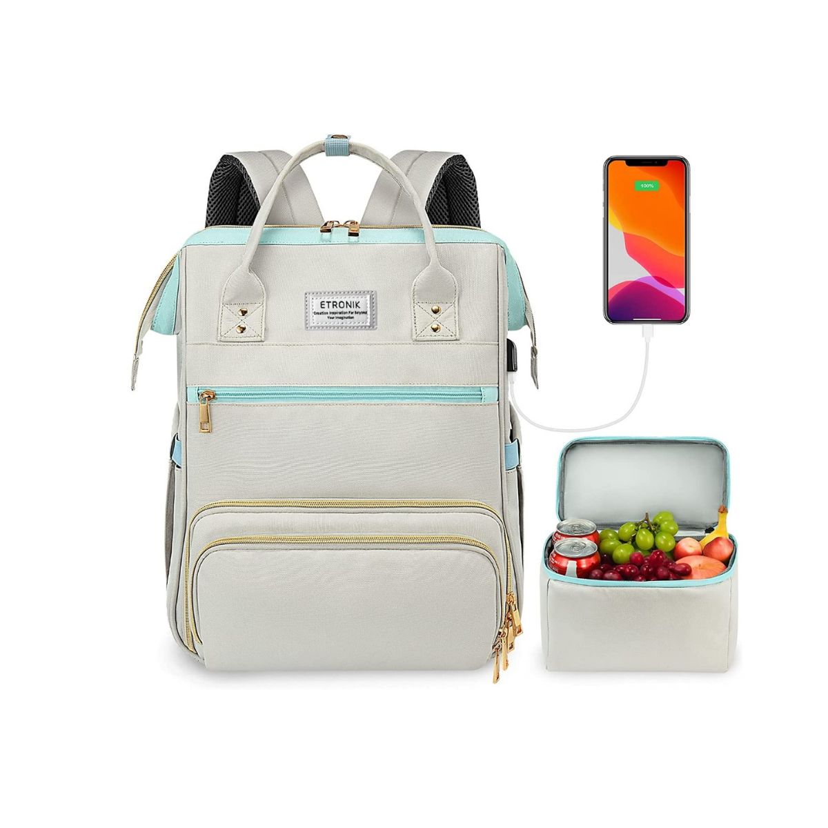 Super cute grey and turqoise backpack lunch box with USB port and gold zippers