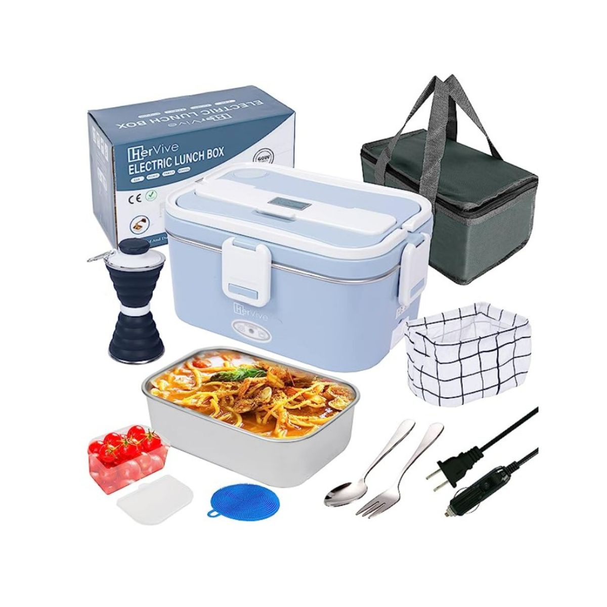 Blue electric lunch box with soup inside.