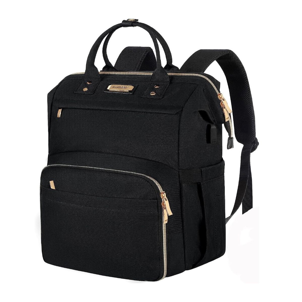 Black backpack lunch box with gold zippers