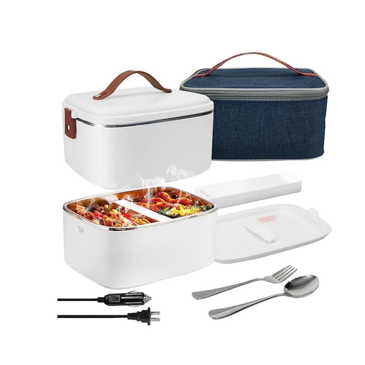 White electric lunch box with blue insulated case. Divider in hot food container.
