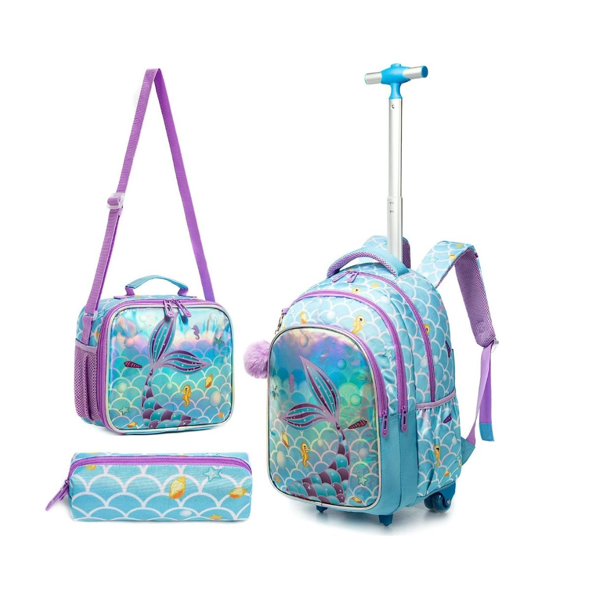 Mermaid large backpack on wheels for kids with matching mermaid lunch box and pencil pouch.