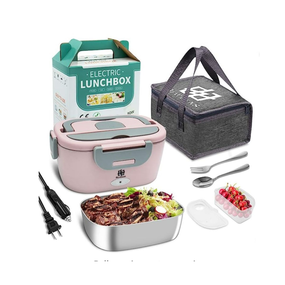 Pink electric lunch box with ribs in stainless steel container and cherries in fruit container