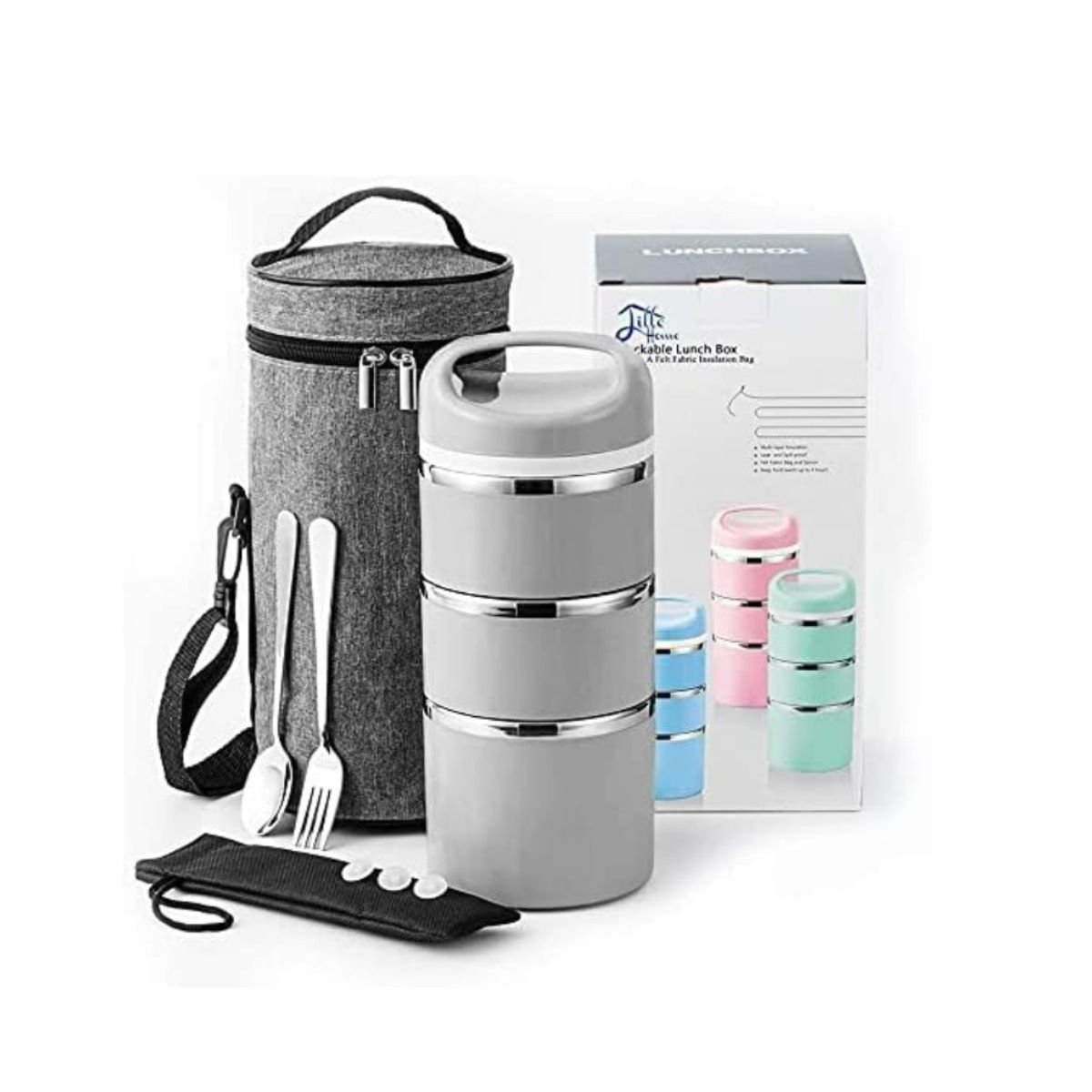 Set of three stacking stainless steel round food containers with an insulated carrying case