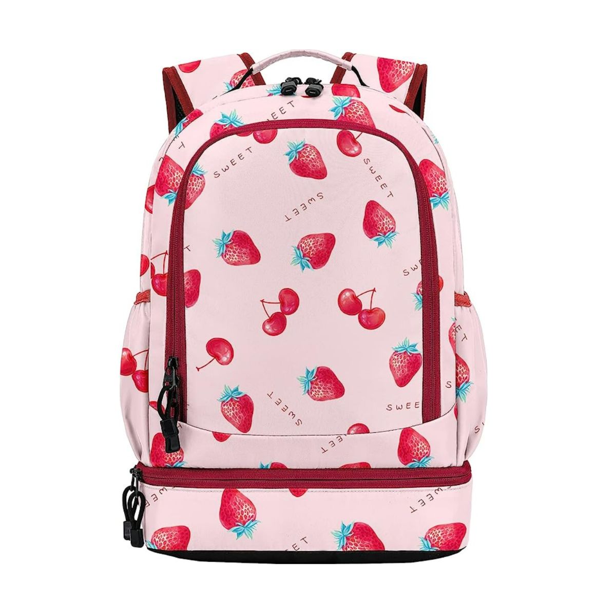 Pink backpack lunch box for kids with red zippers and red cherries and strawberries as a pattern.