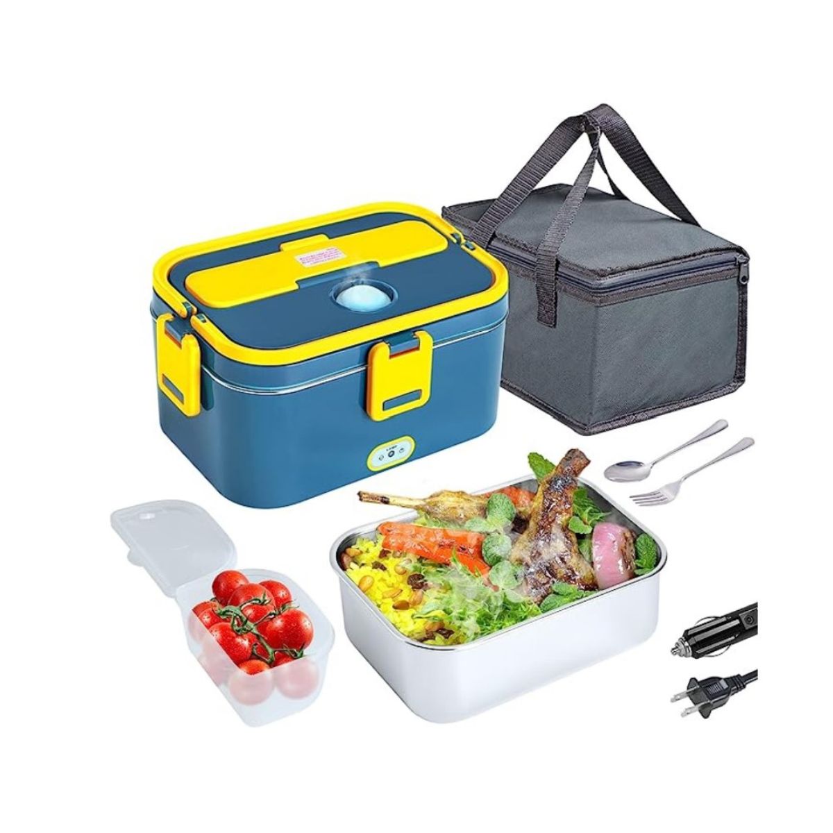 Blue and yellow electric lunch box with pork in food container and cherry tomatoes in fruit container.