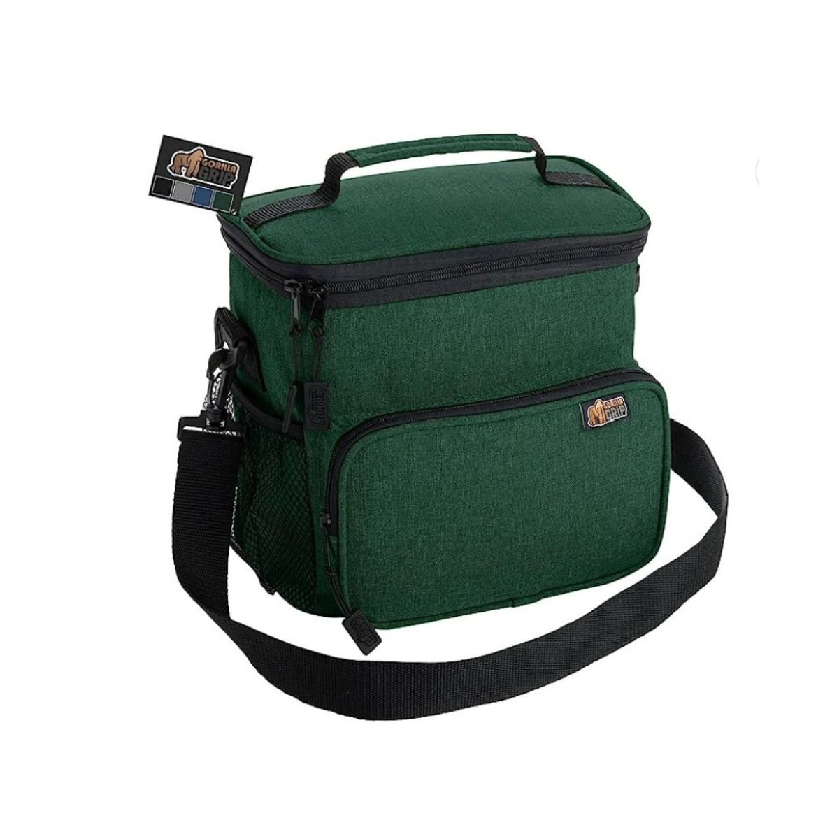 Green insulated lunch box with black straps