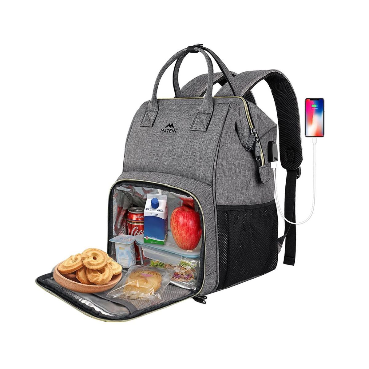 Grey backpack lunch box with USB port.