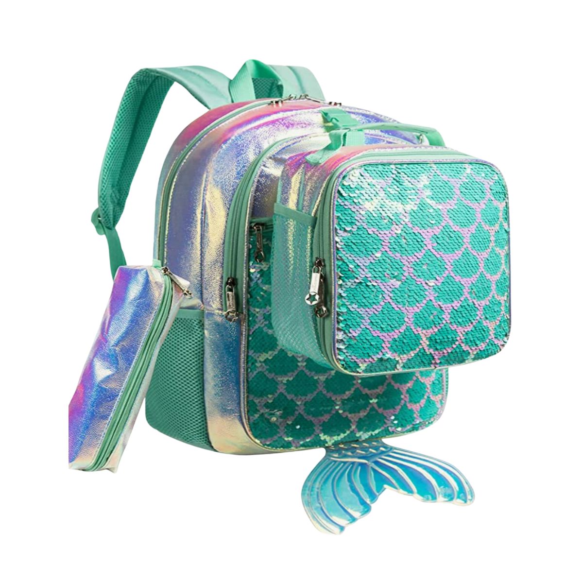 Iridescent child's backpack that looks like a mermaid with a mermaid tail. Sequin lunch box is clipped to the back of the backpack.