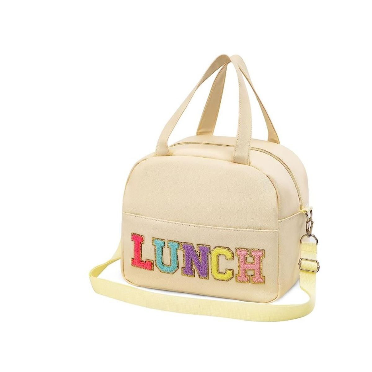 Cream insulated lunch box that says LUNCH
