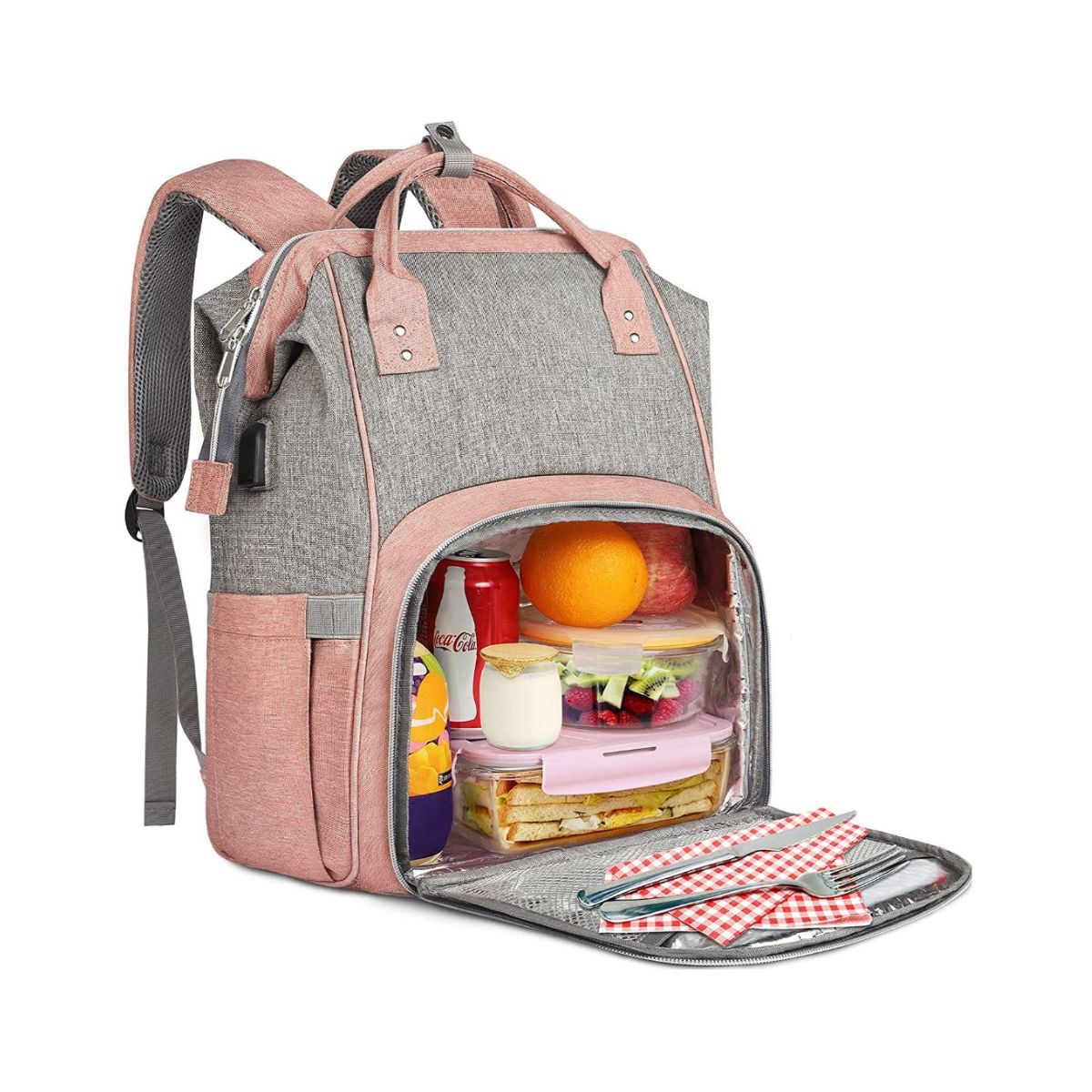 Grey backpack lunch box with pink trim.