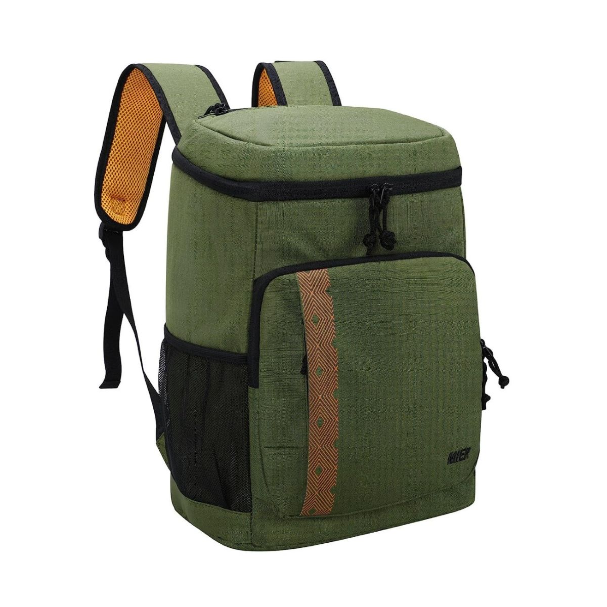Green backpack lunch box with brown and black trim.