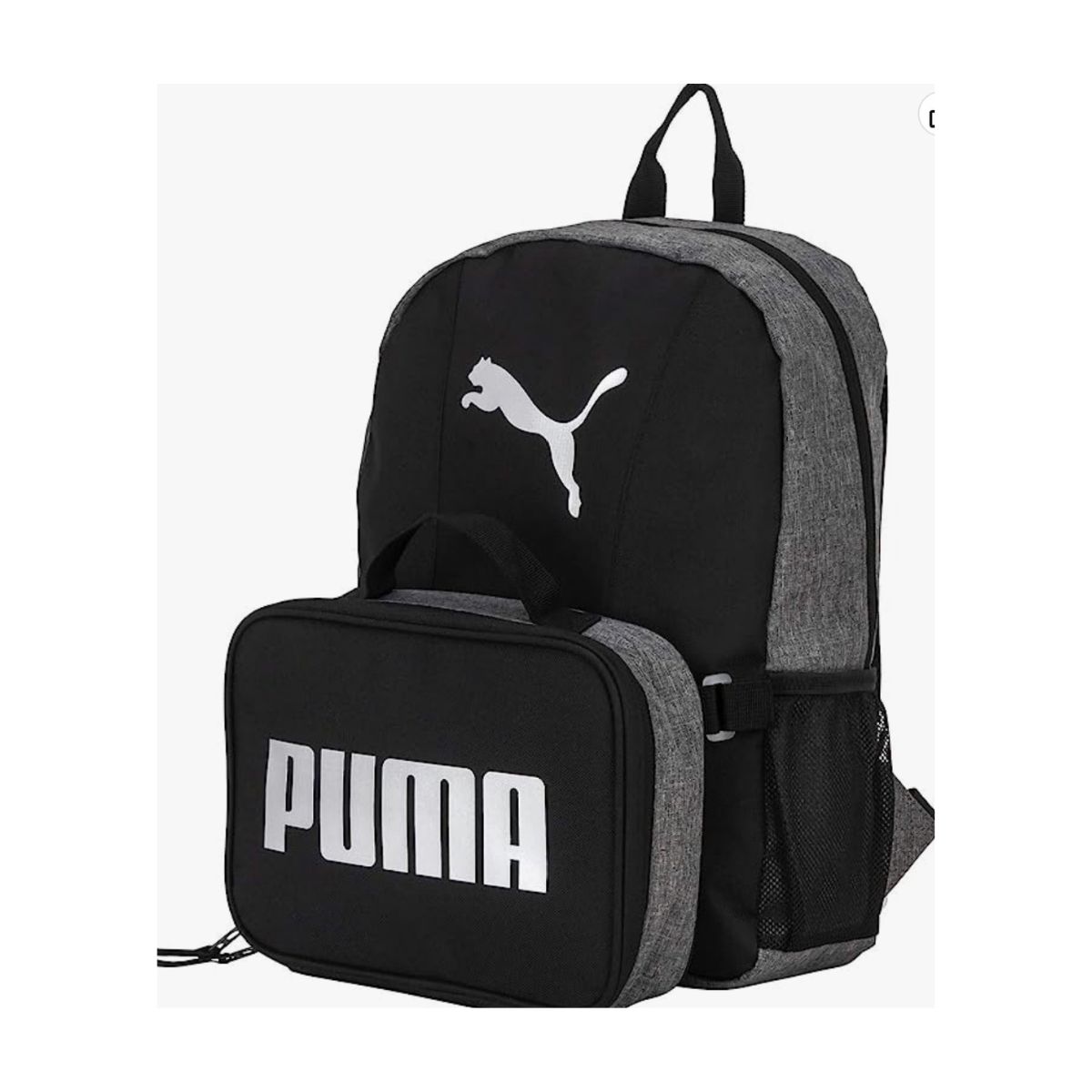 Black Puma kids backpack with detachable Puma black lunch box.
