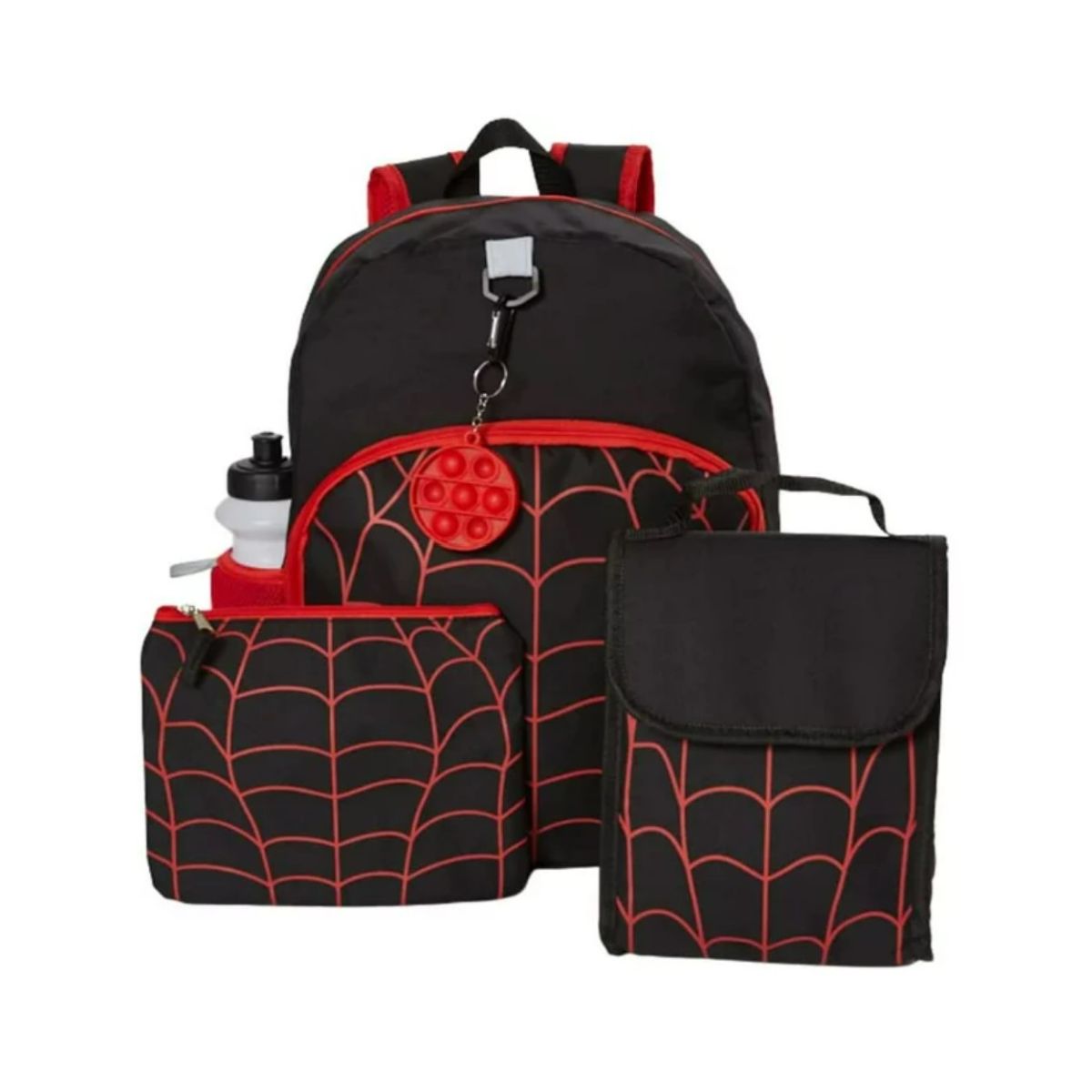 Black spiderman backpack, lunch box and pencil pouch with red features.