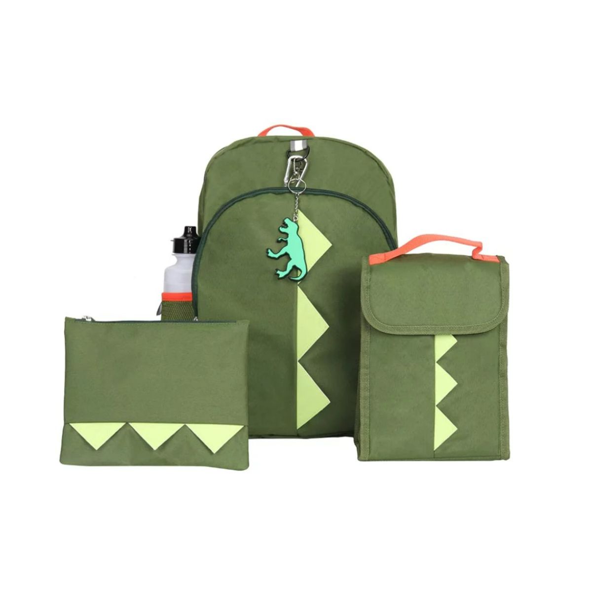 Green dinosaur backpack with roll-top lunch box and pencil case.