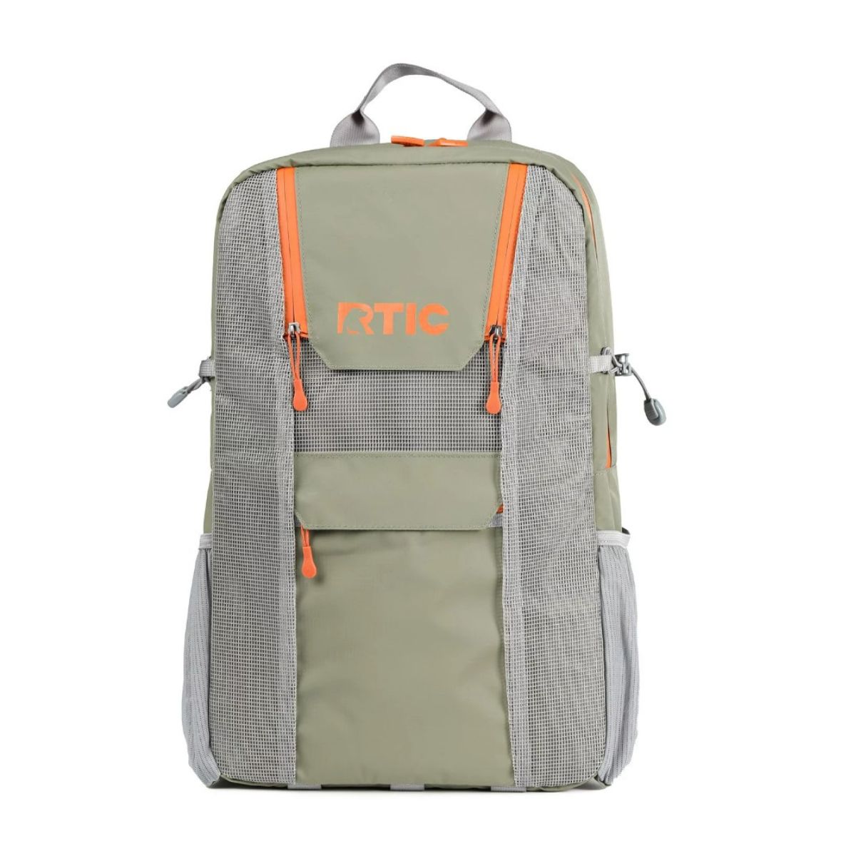 Outdoorsy backpack lunch box - kakhi color with grey and orange trim.
