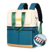 Fun, colorful backpack lunch box. Cream top with blue bottom and green straps.