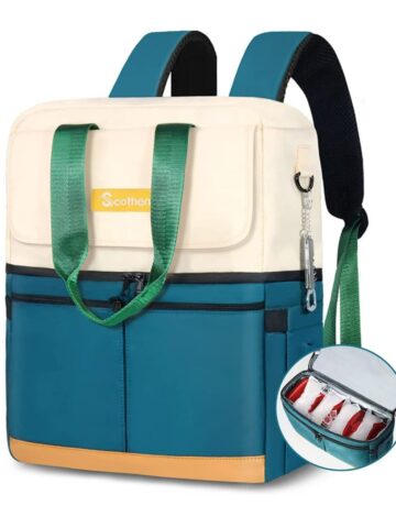 Fun, colorful backpack lunch box. Cream top with blue bottom and green straps.