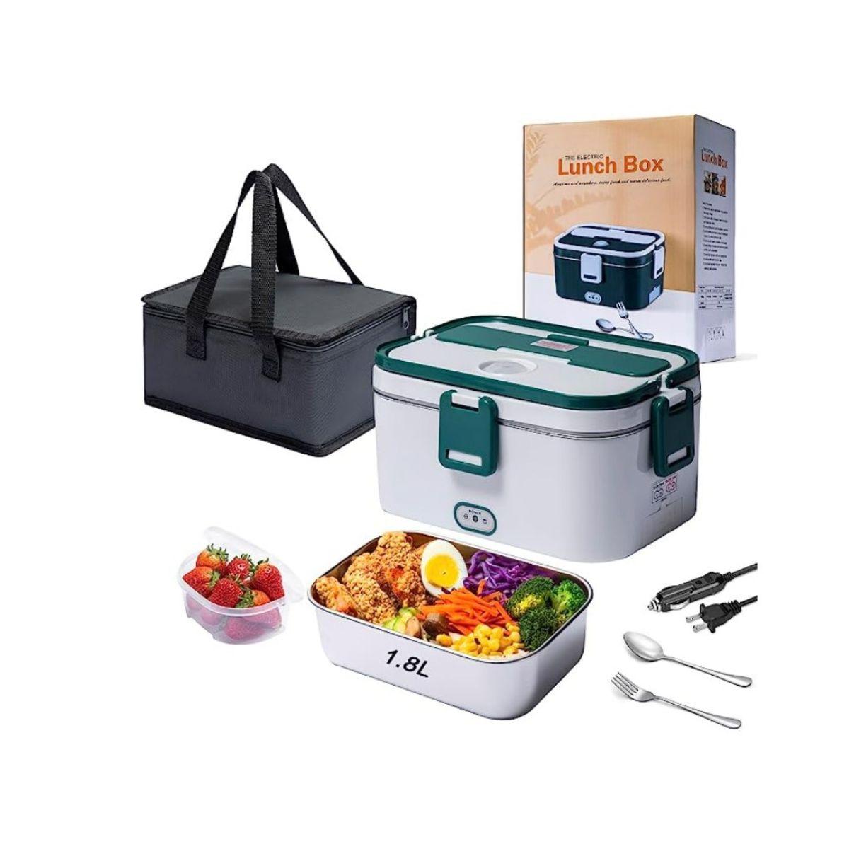 White electric lunch box with green clasps and handles. Hot food in stainless steel tray and strawberries in fruit compartment.
