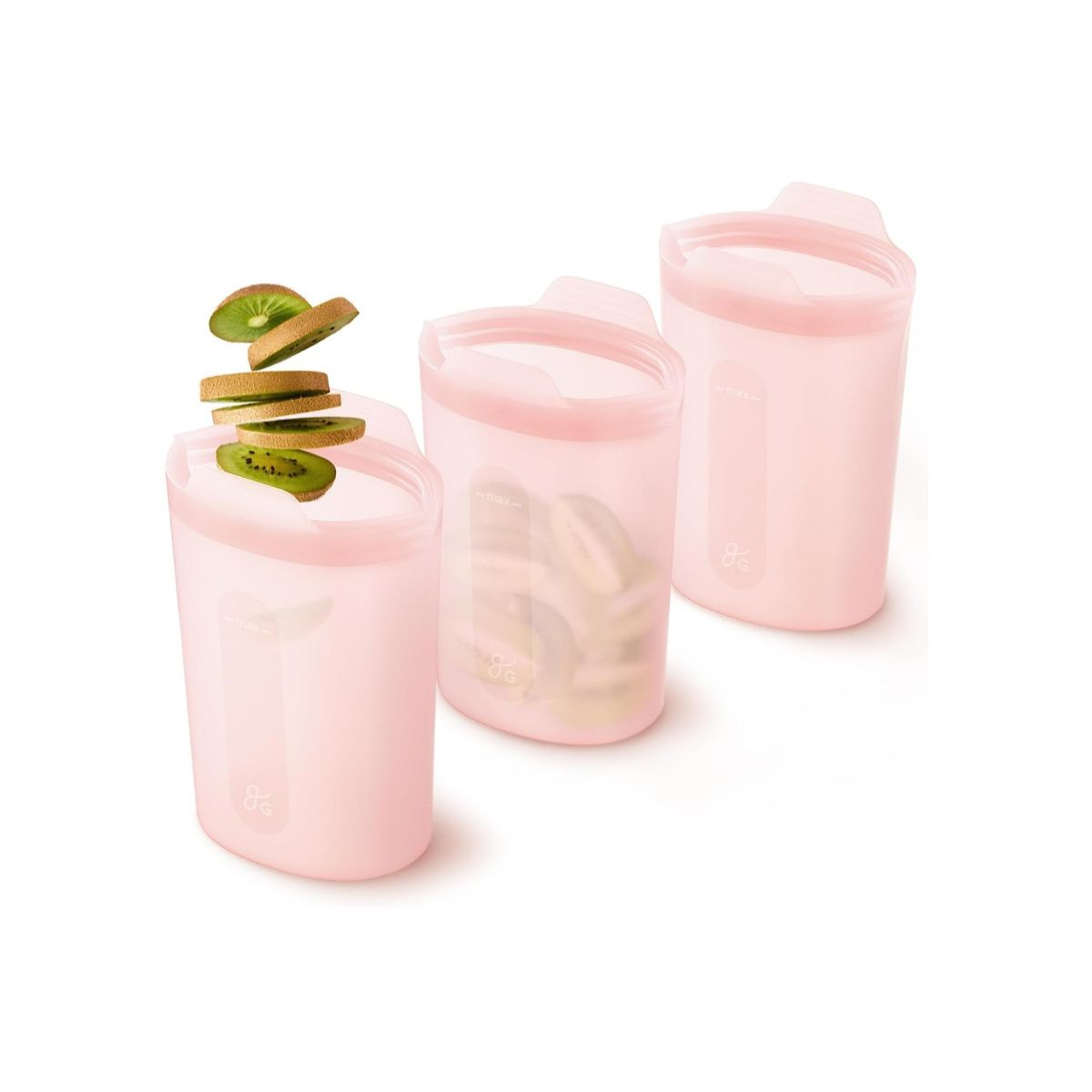 Three pink silicone food storage containers for lunches