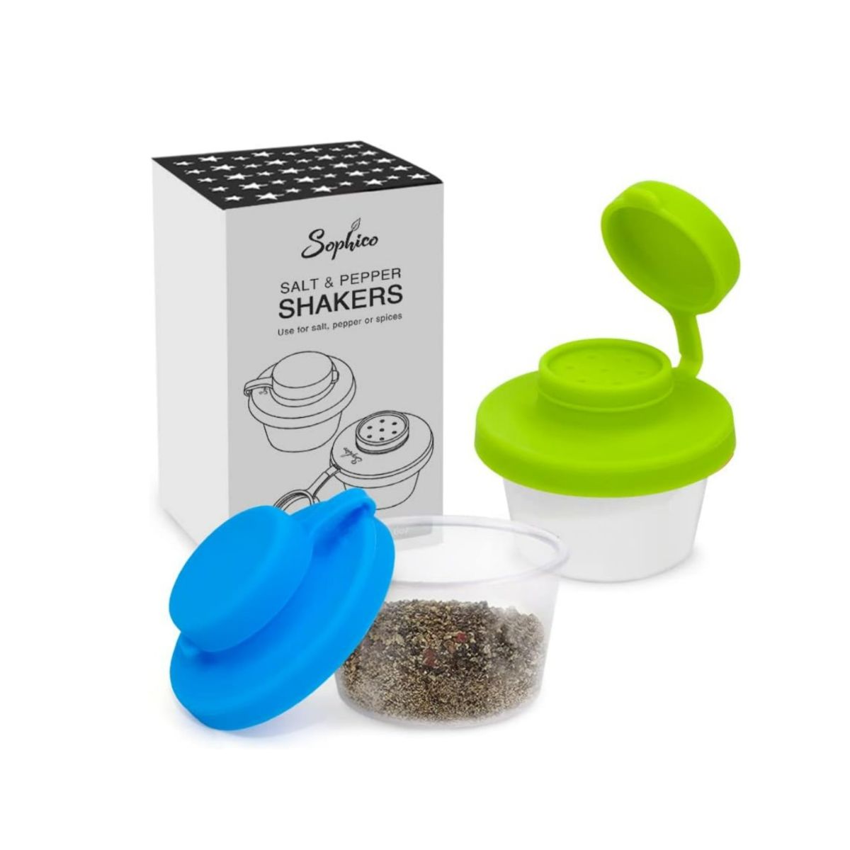 Travel plastic salt and pepper shakers with silicone lids