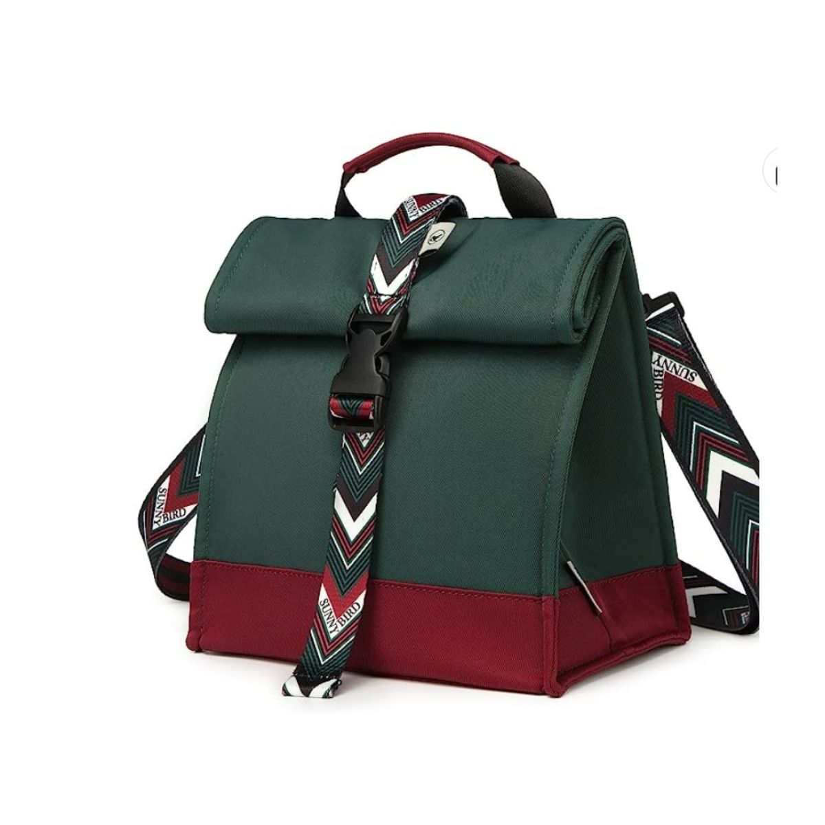 Red and green insulated lunch box with roll-top and tie-looking patterned straps