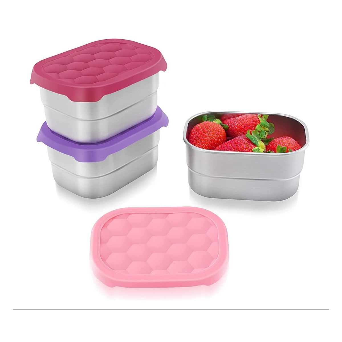 Stainless steel snack containers with silicone lids