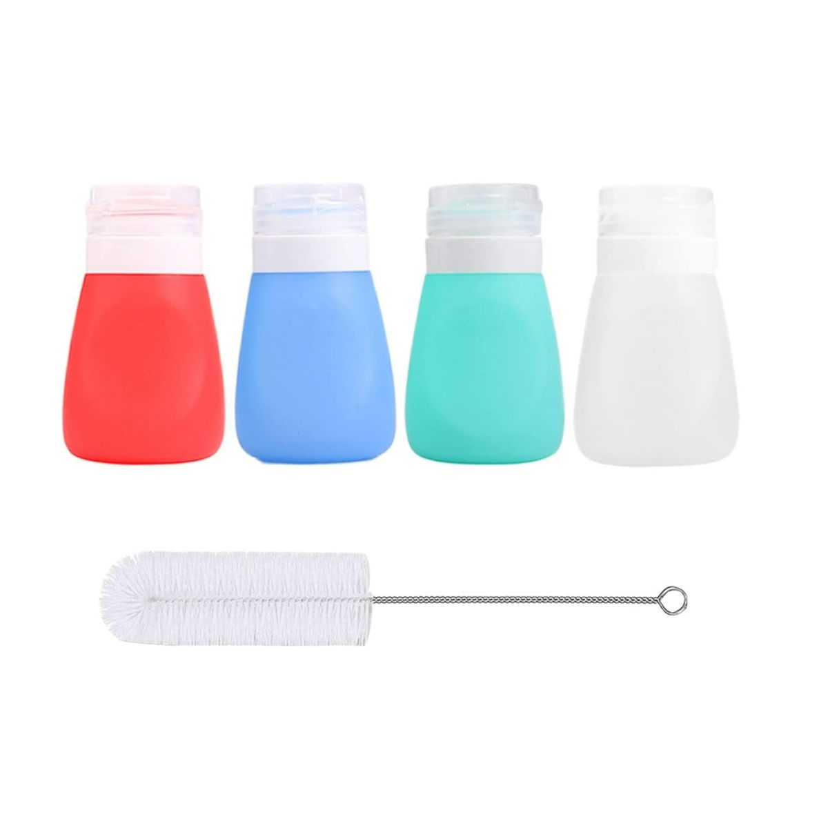 Four brightly colored silicone squeeze bottles for condiments and dressings