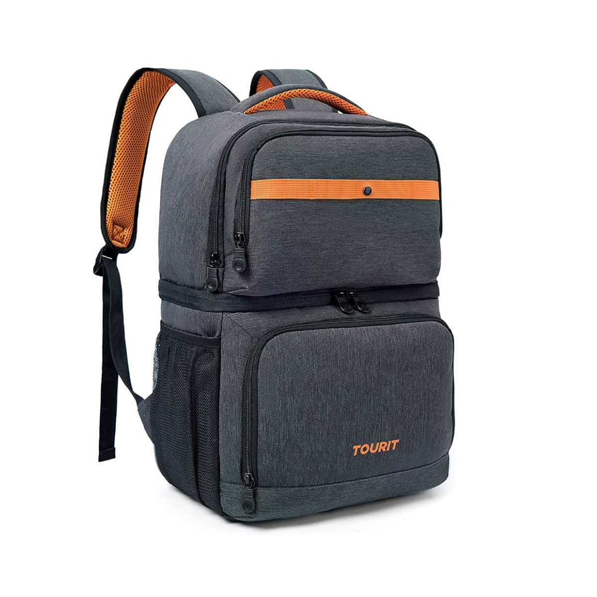 Grey backpack lunch box with orange trim and black zippers.