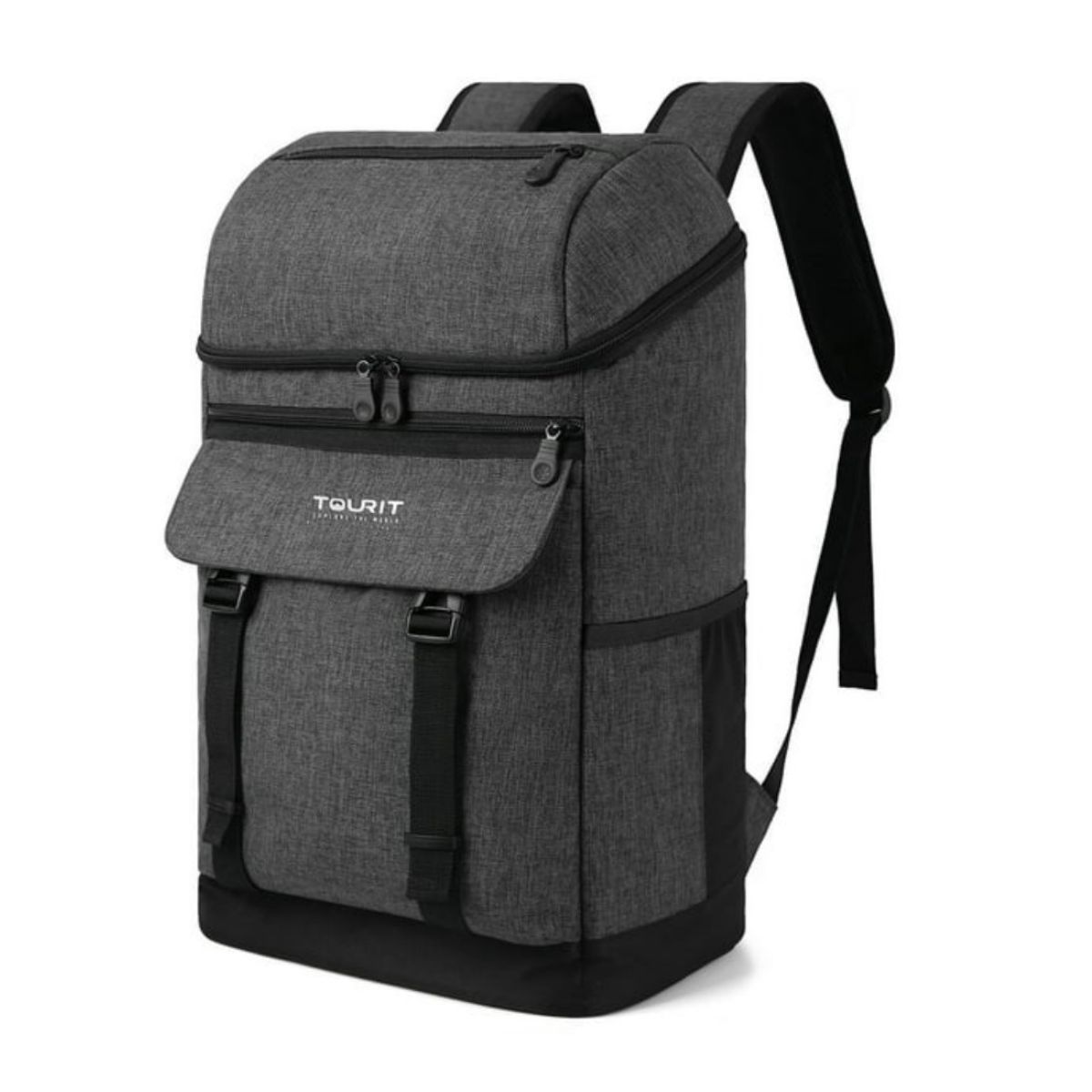 Grey backpack lunch box with black trim.