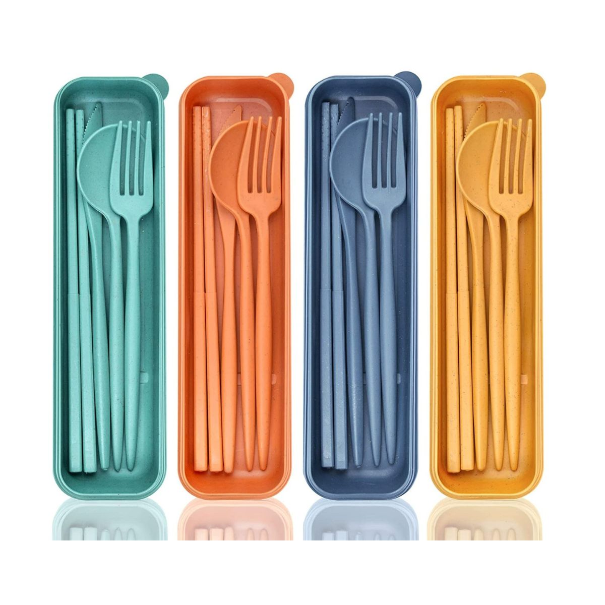 Four sets of wheat utensils in muted colors