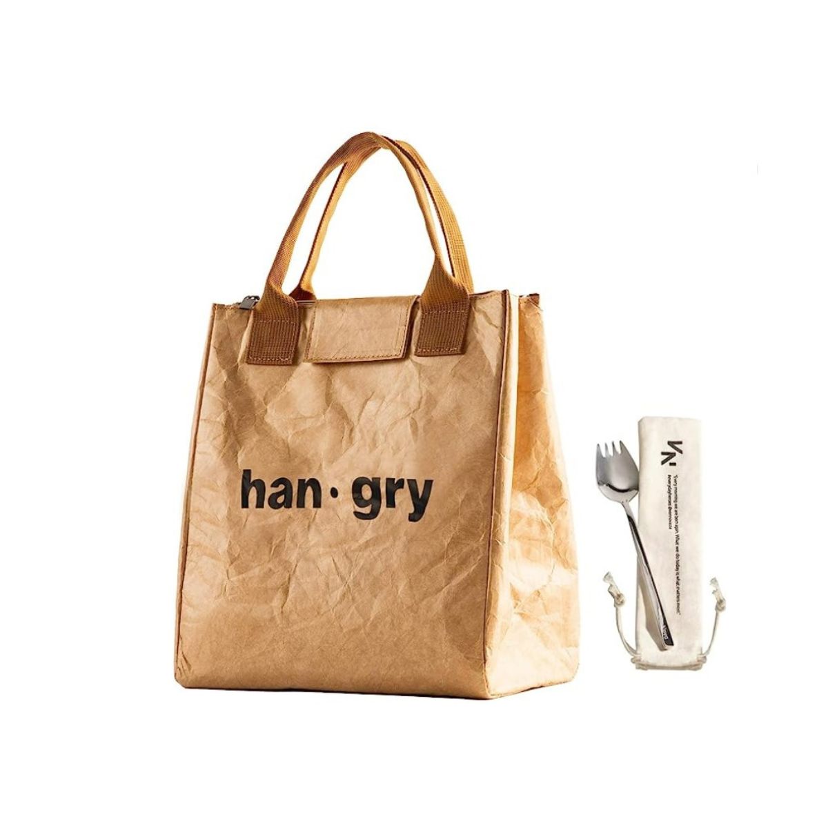 Paper-looking Tyvek insulated lunch box that says Hangry
