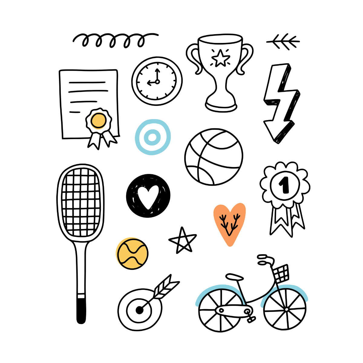 Sports drawings, including darts, bicycle, tennis