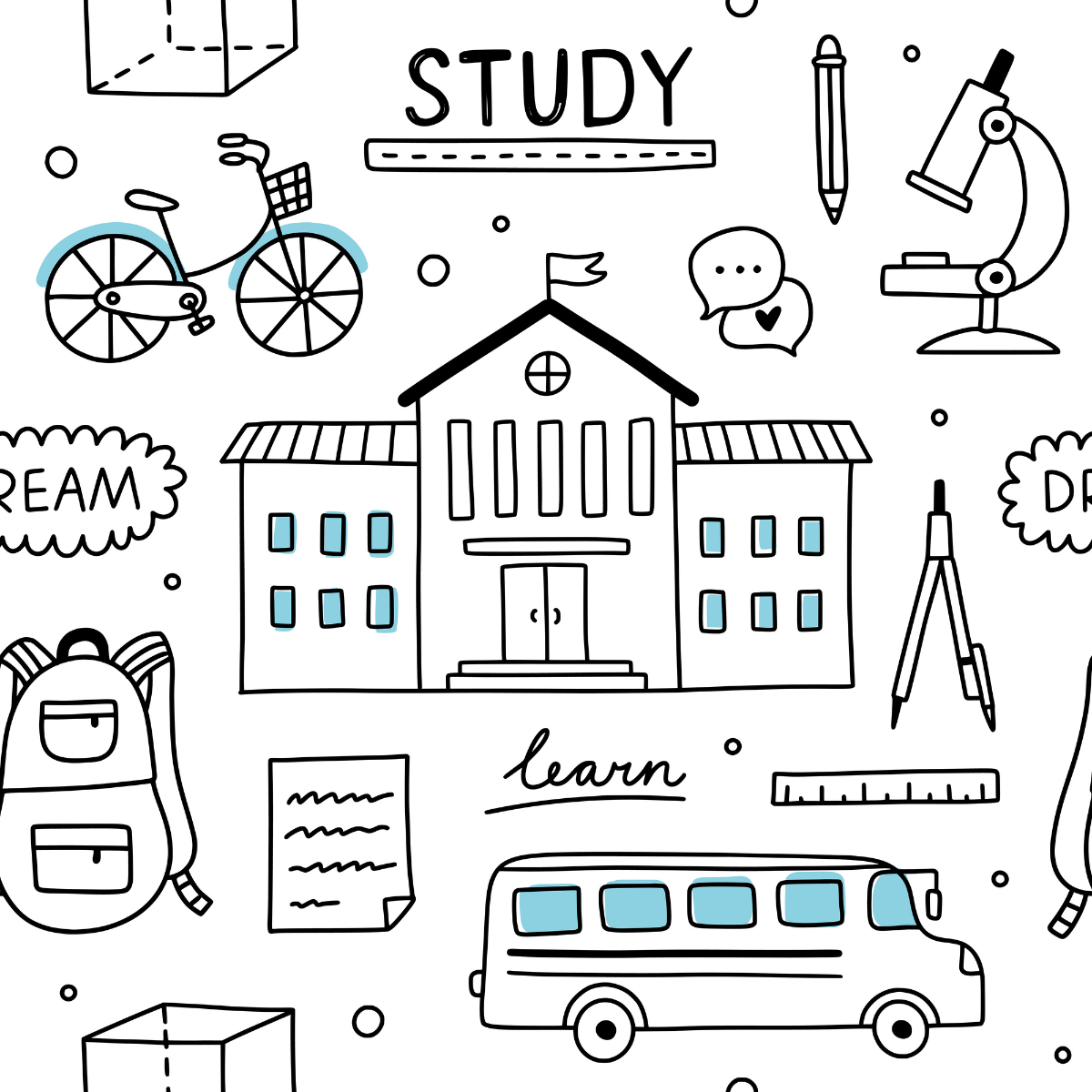 Drawings related to school, school bus, notebook, ruler, etc.
