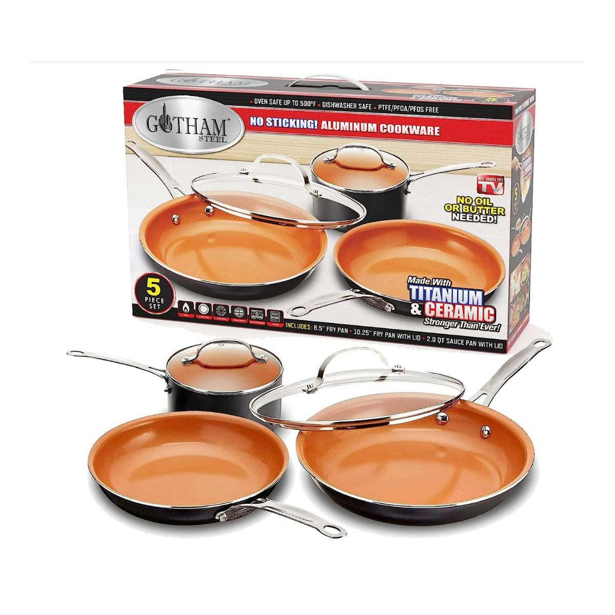 Gotham steel pan box with two frying pans and one pot