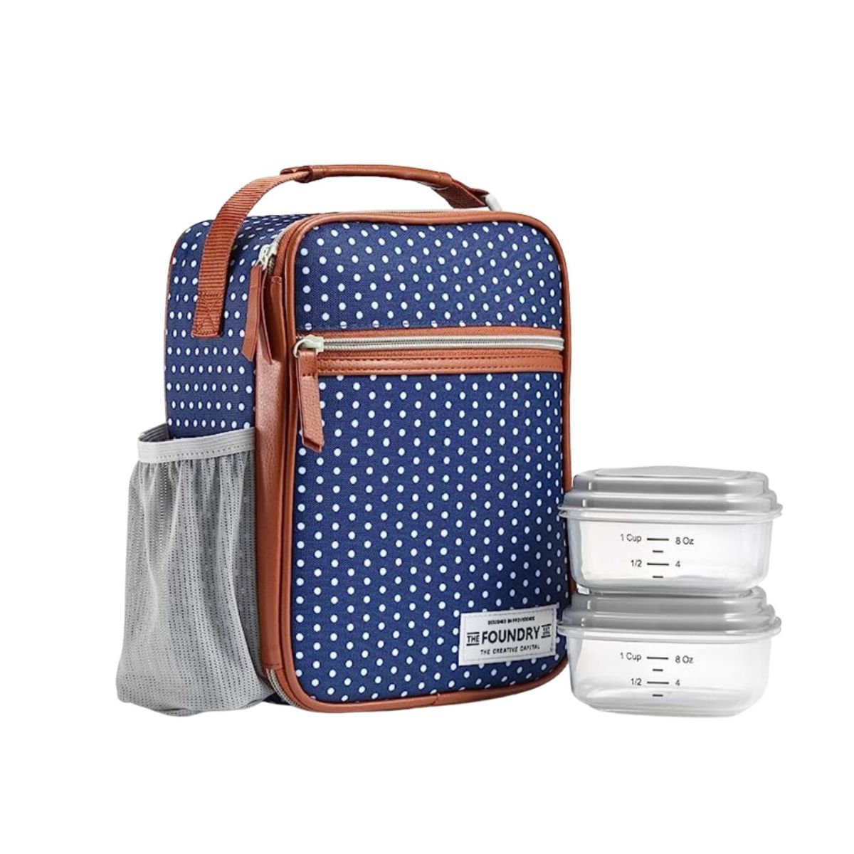 Blue and white polka dot lunchbox with brown trim