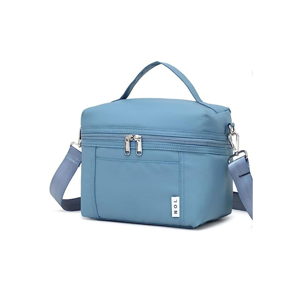 Blue lunch box with shoulder strap